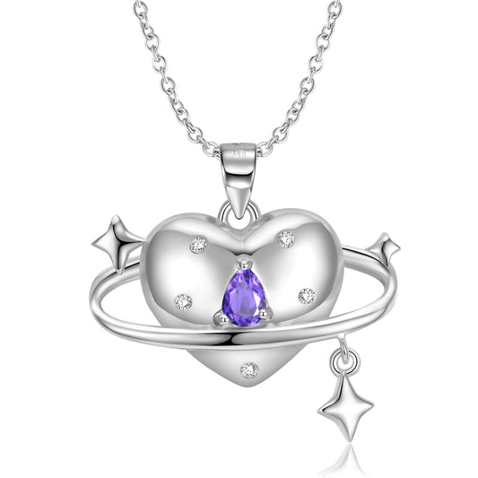 Heart Shape Planet with Pear Shape Purple Zircon Silver Necklace
