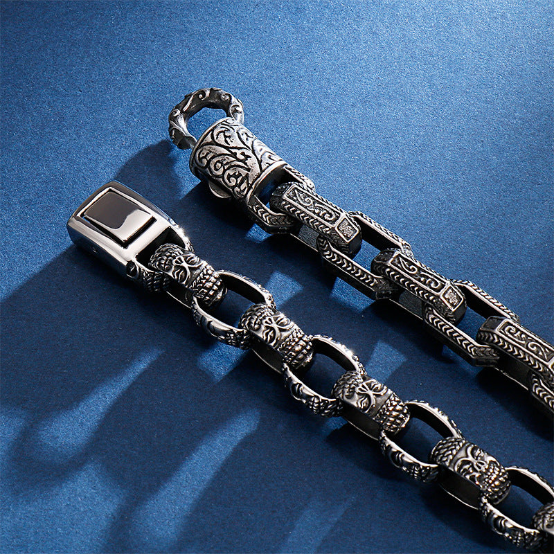 Antique Square Buddha Head Titanium Steel Men's Bracelet