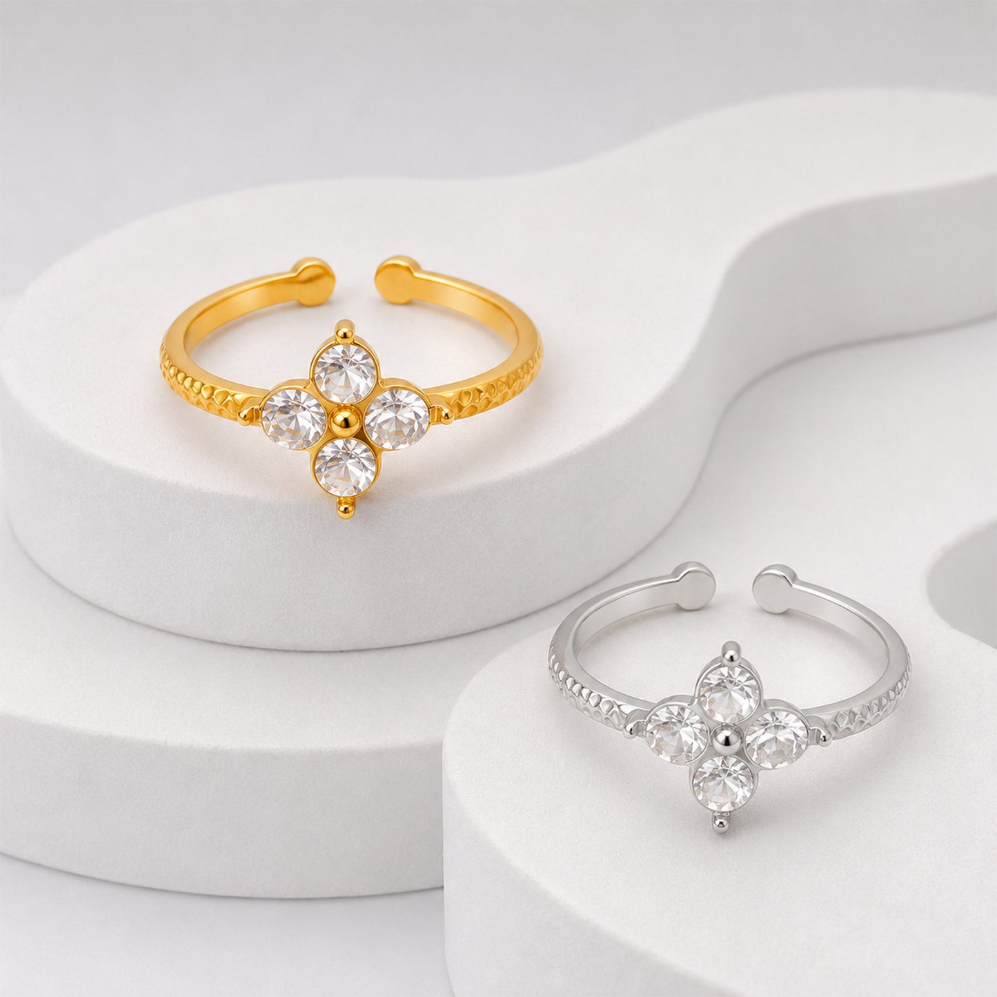 Planderful Everyday Genie Hammered Four Leaf Clover Ring Stainless Steel With Zircon Open Adjustable Unisex Jewelry