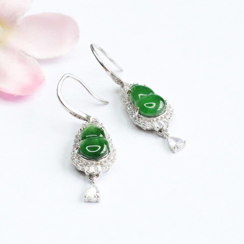 Icy Green Jadeite Gourd 925 Silver Hook Earrings