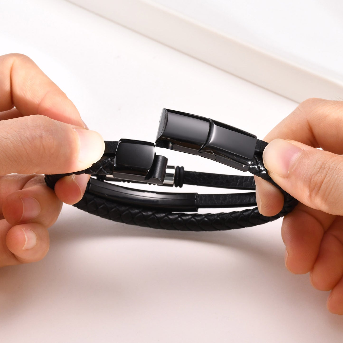 Titanium Steel Men's Leather Bracelet Three-Layer Black Model