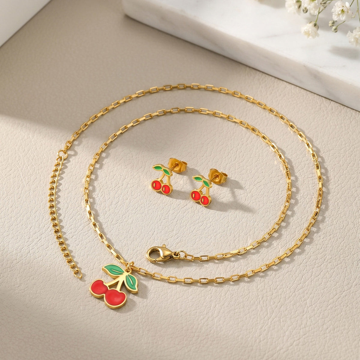 Cute Dopamine Stainless Steel Cherry Stud Earrings Necklace Set Sweet Daily Gift