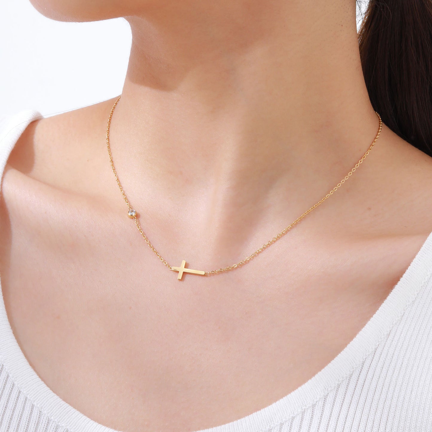 Stainless Steel Cross White Zircon Gold Necklace Bracelet Female