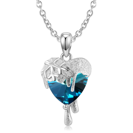 Snow Melting Design Heart Shape Blue Zircon Pendant Silver Necklace
