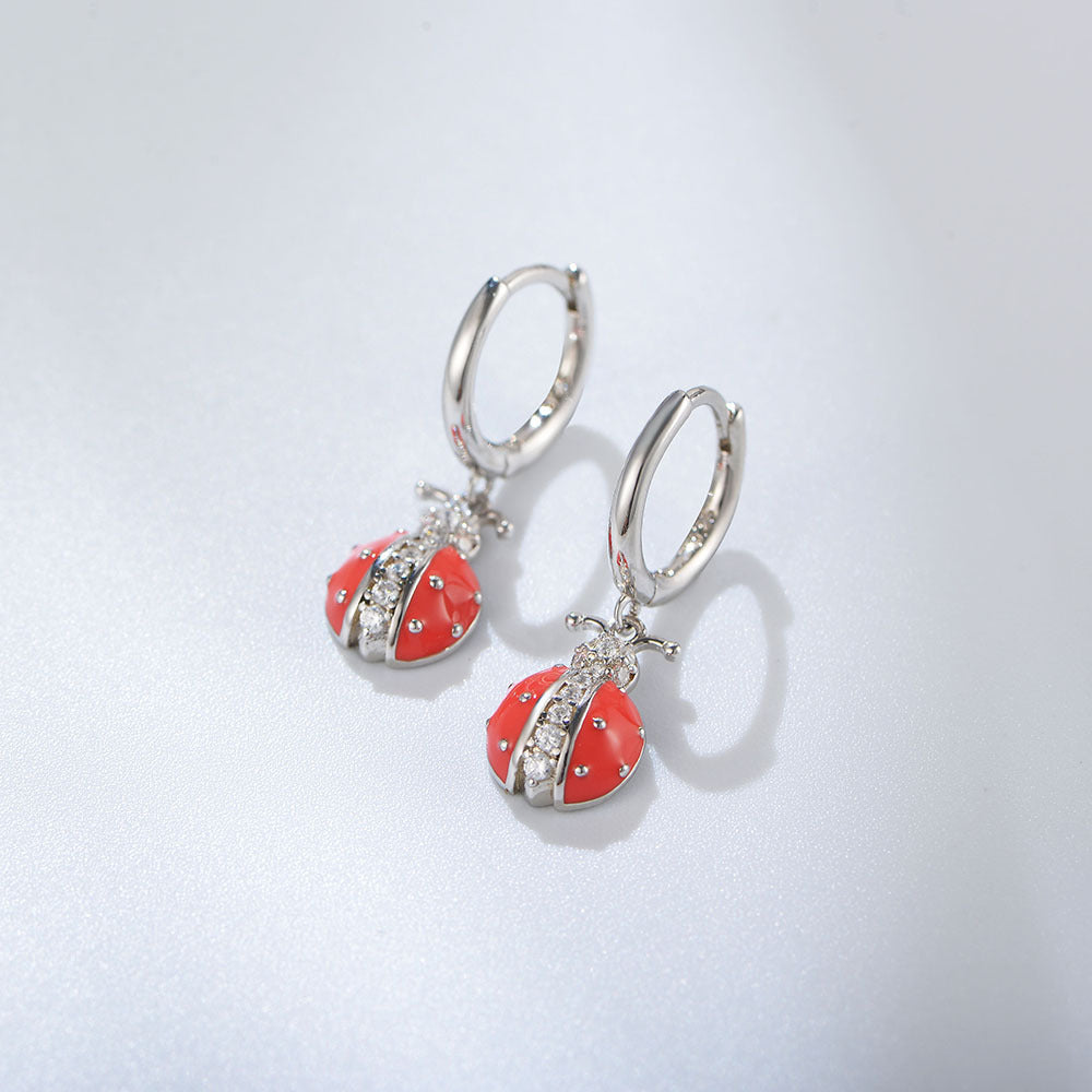 S925 Pure Silver Cute Playful Drip-Tape Zircon Ladybug Earrings Insect Earrings, Style