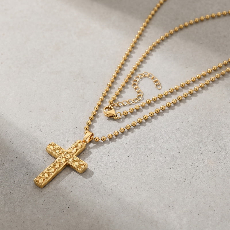 Hip Hop Stainless Steel Round Bead Chain Necklace Simple Twist Cross Pendant Square