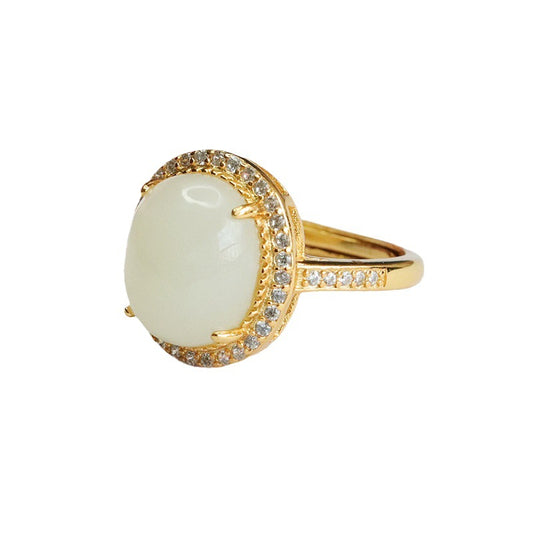 Sterling Silver Jade Halo Ring with Zircon Accent