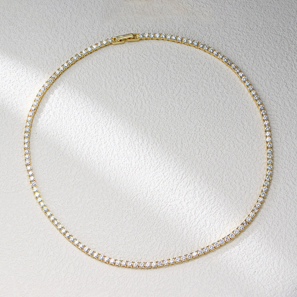 S925 Sterling Silver Gold-Plated Full Zircon Tennis Necklace Hip-Hop 2.5mm Single-Row