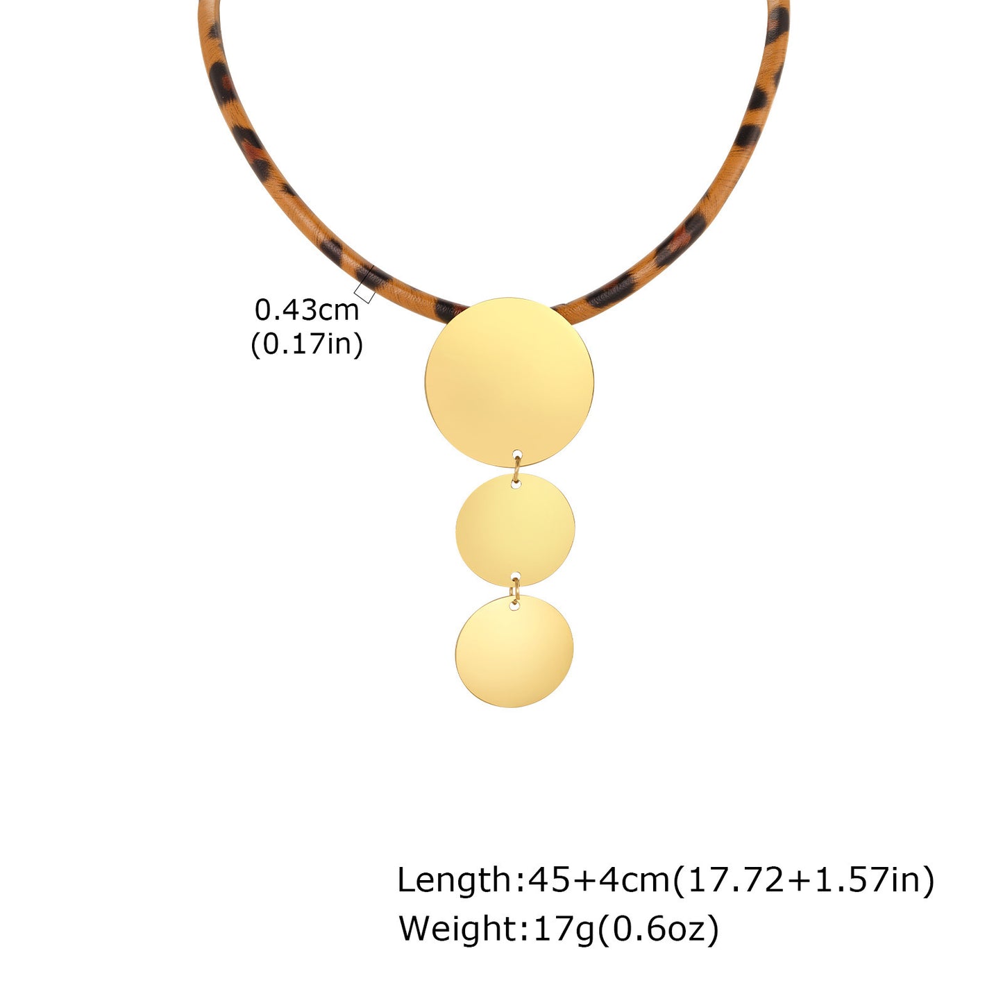 Stainless Steel Irregular Disc Leopard Print Leather Rope Sunflower Leaf Design Necklace