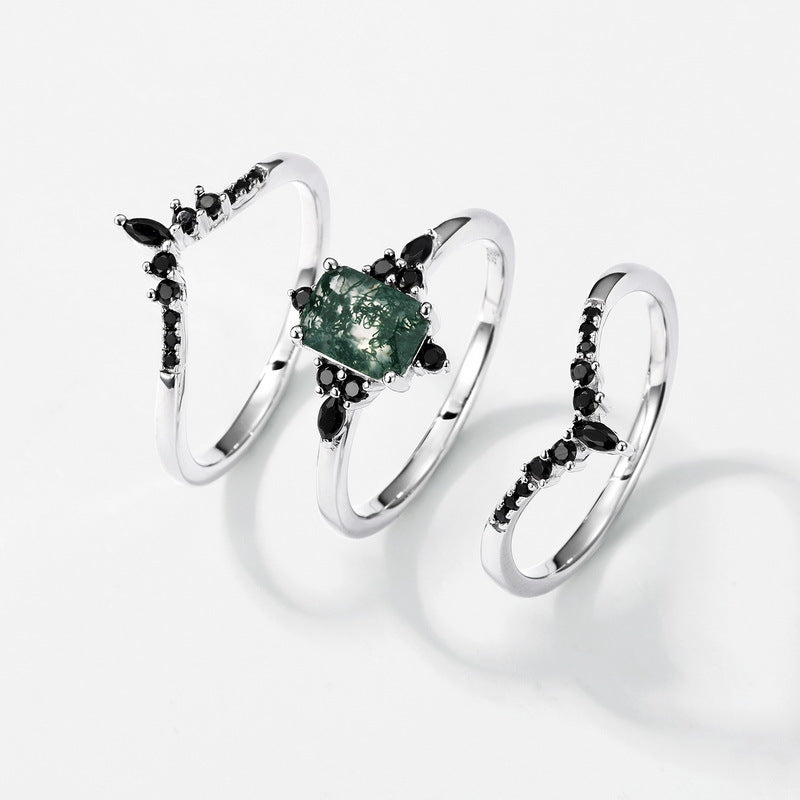 Planderful Jewelry Green Moss Agate Sterling Silver Ring Natural Rectangle V Shape Elegant Modern Ring