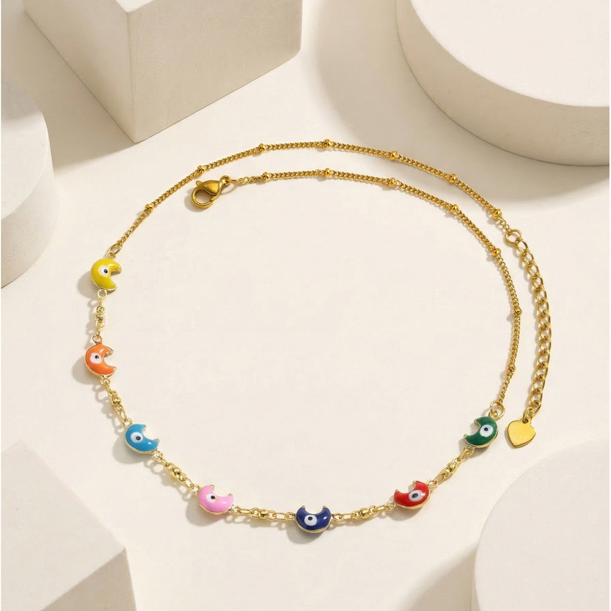 Stainless Steel Bead Chain Copper Epoxy Colored Moon Necklace