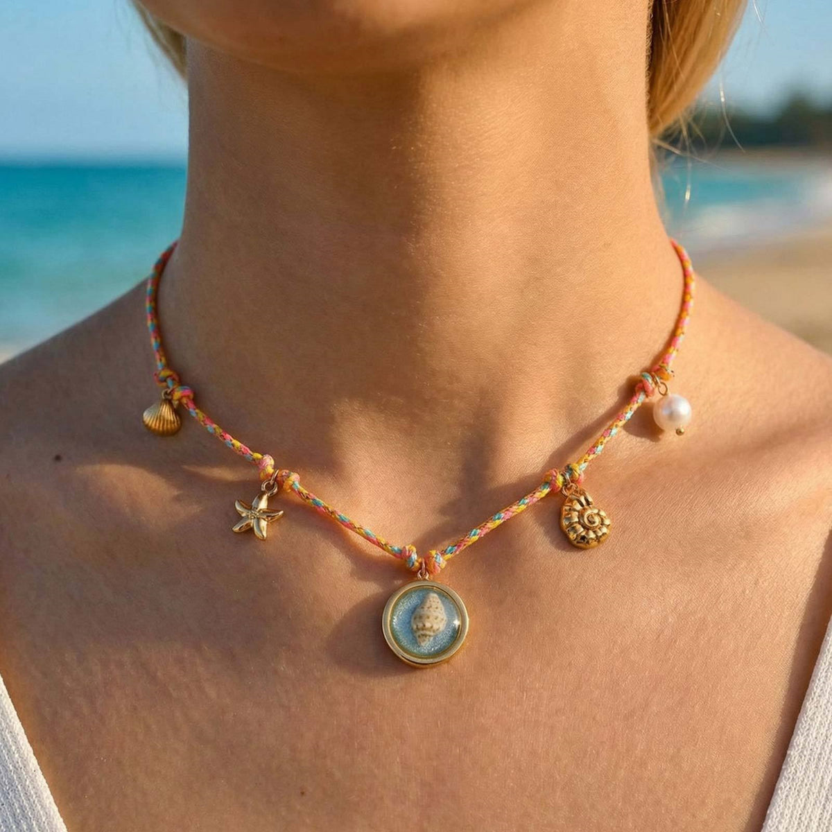 Colorful & Fun Color Braided Rope Stainless Steel Resin Ocean Shell Conch Necklace