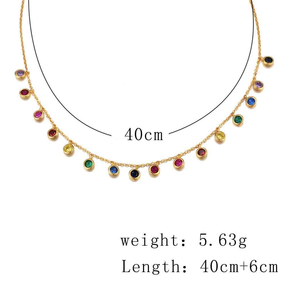S925 Sterling Silver Colored Round Zircon Necklace Colorful Gemstone Pendant Rainbow Necklace