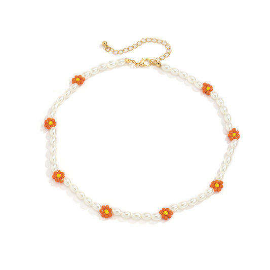Planderful Vienna Verve Bohemian Daisy Collarbone Necklace Beaded Imitation Pearl For Boho Chic Women