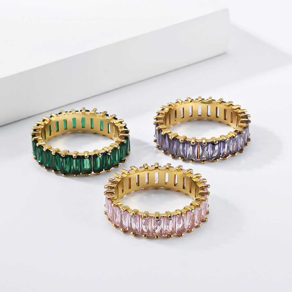 Stainless Steel Claws Rectangular Zircon Full Zircon Ring Women's Gold-Plated
