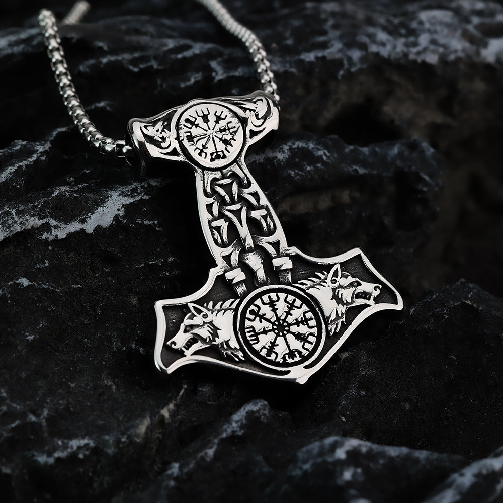 Planderful Viking Thor Hammer Necklace Double Sided Crow Wolf Compass Totem Pendant For Men