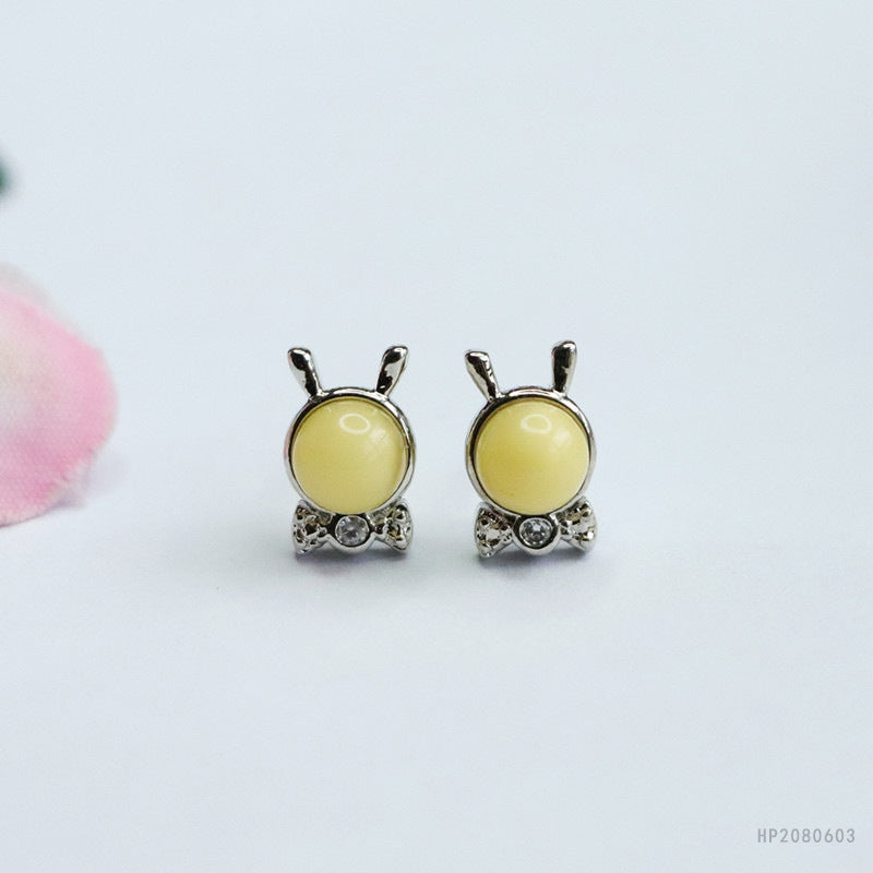 Beeswax Amber Bunny Bow 925 Silver Stud Earrings