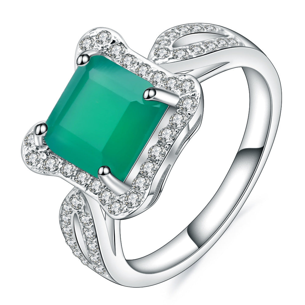 Retro Soleste Halo Square Natural Green Agate Silver Ring