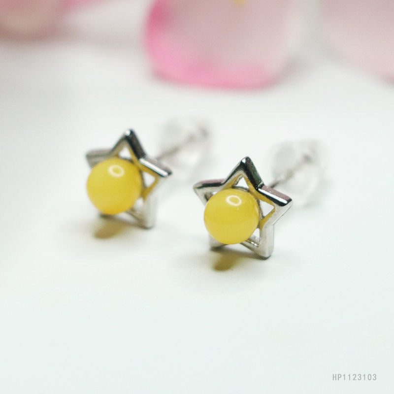 Beeswax Amber Star 925 Silver Stud Earrings