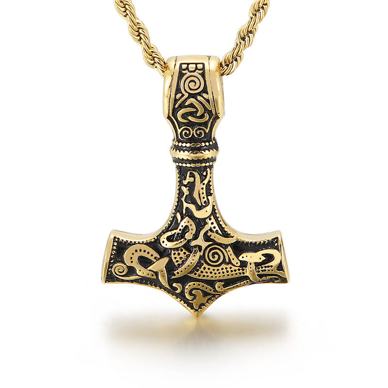Men's Vintage Thor's Hammer Skull Necklace, Customizable Titanium Steel Pendant, Various Designs Available for Men