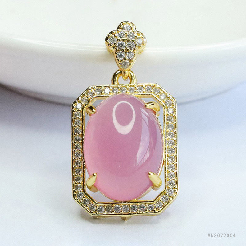 Pink Chalcedony Oval Plaque Pendant — No Chain