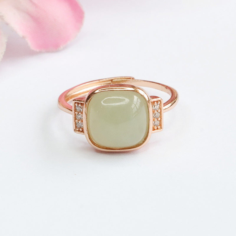 925 Sterling Silver Hetian Jade Square Ring