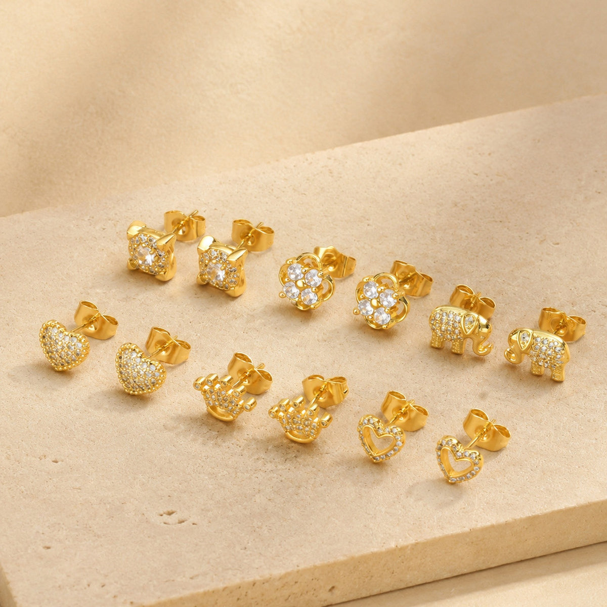 Crystal Motif Stud Earrings — 6 Gold-Tone Designs
