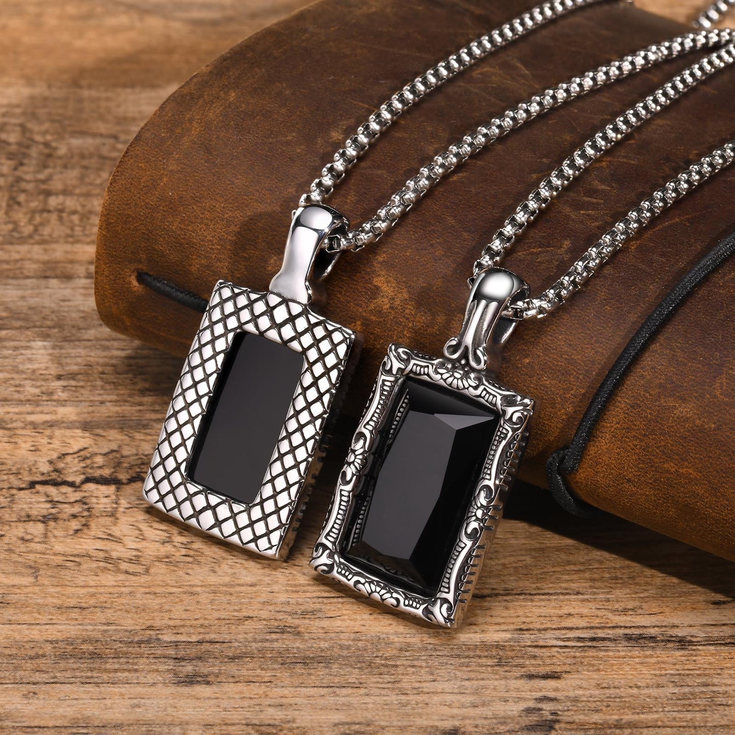 Planderful Titanium Steel Pendant Necklace For Men With Square Black Glass Frame Durable Masculine Style