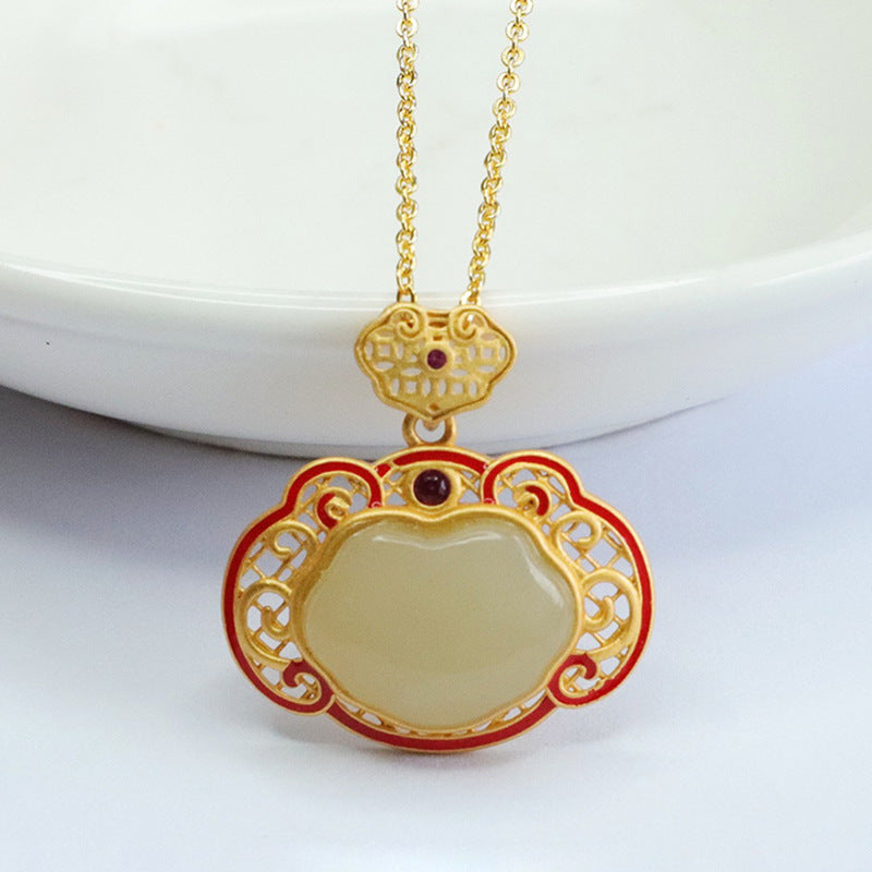 Red Ruyi Jade Pendant Necklace crafted in Sterling Silver