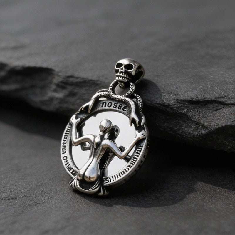 Dark Retro Old Dragonfly Snake Woman Fallen Angel Stainless Steel Men's Pendant Necklace