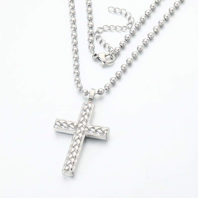 Round Bead Chain Trendy Three-Dimensional Wheat Ear Pattern Cross Pendant, Stainless Steel Square Necklace