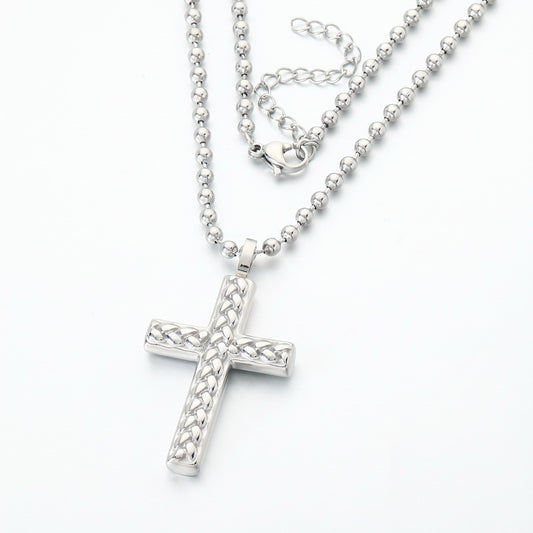 Round Bead Chain Trendy Three-Dimensional Wheat Ear Pattern Cross Pendant, Stainless Steel Square Necklace