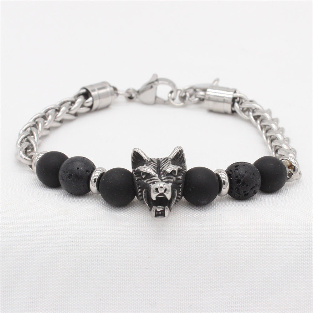 Planderful Everyday Genie – Hip Hop Stainless Steel Keel Chain Frosted Agate Tiger's Eye Wolf Head Bracelet