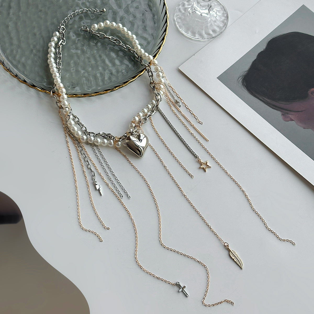 European and American cross-border jewelry exaggerated metal rivet cross necklace fashionable multi-layer imitation pearl star and moon fringed necklace