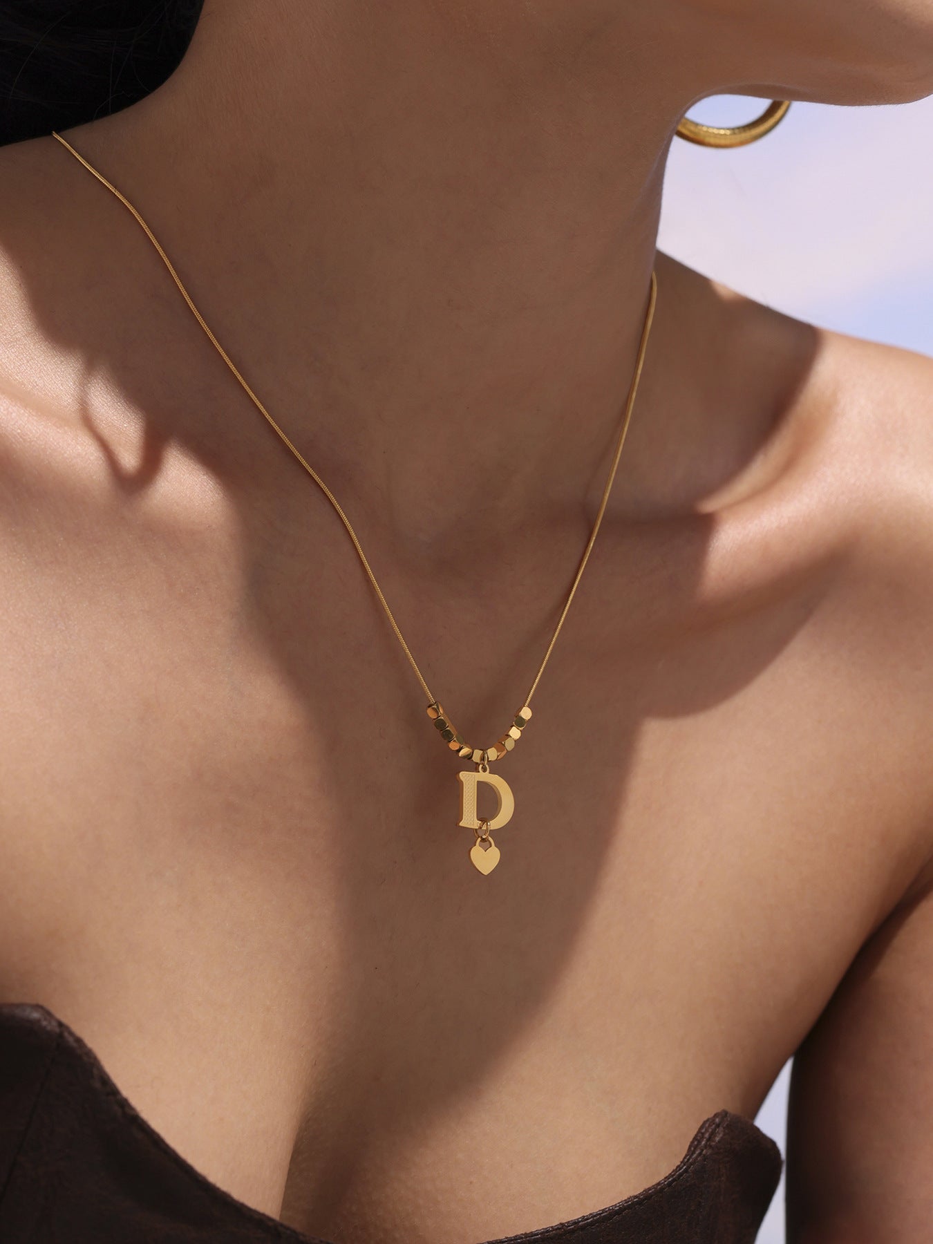 Planderful D Clavicle Necklace Stainless Steel Gold Plated