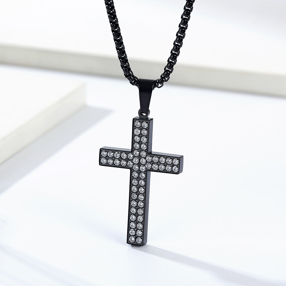 Planderful Cross Necklace Titanium Steel Zircon Inlaid Luxe Pendant For Urban Hip Hop Fans