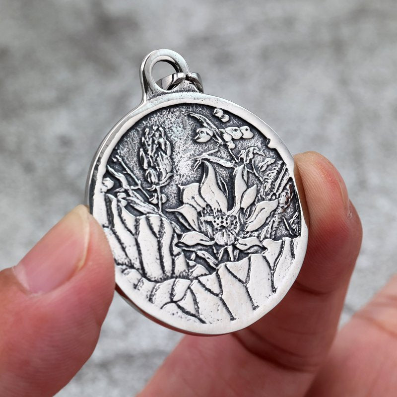 Stainless Steel Pendant Necklace For Men And Women Vintage Double Sided Medal With Flower Design Planderful