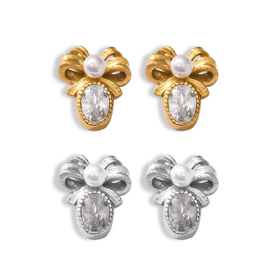 Elegant Lace Bow Stud Earrings with Zircon Detail
