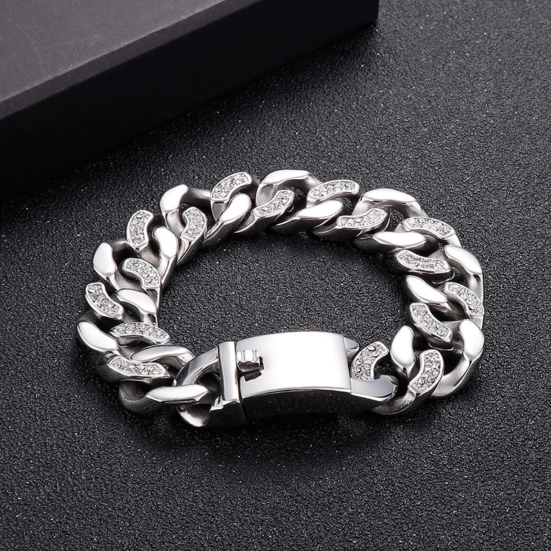 Korea Dongdaemun Glossy – Generous Titanium Steel Men's Zircon Cuban Chain Bracelet