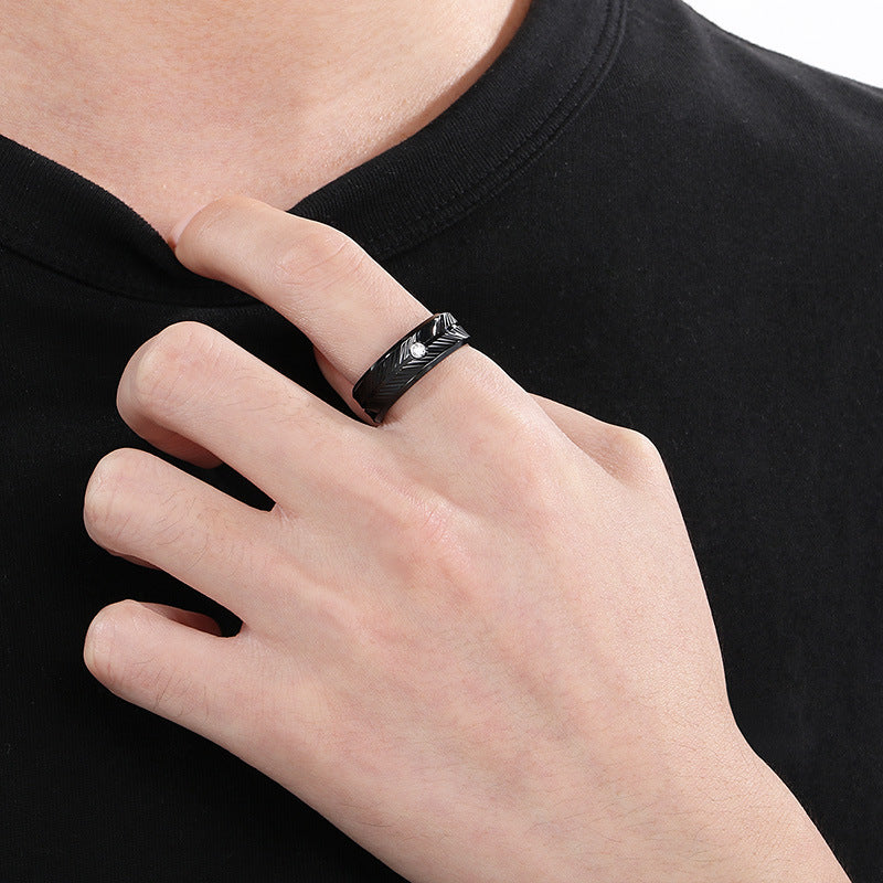 Ring Vacuum Plated Zircon Feather Round Stainless Steel Men's Ring