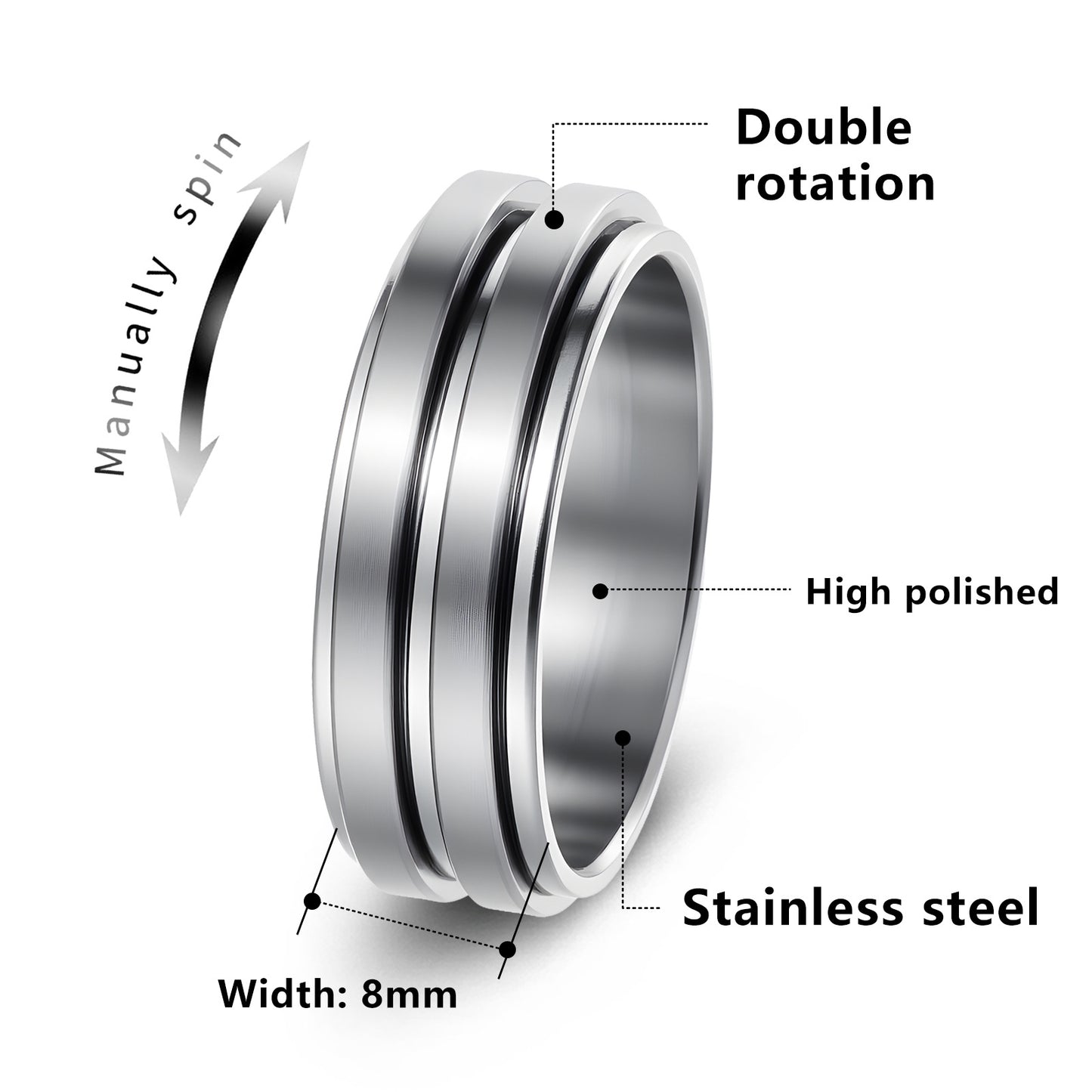Planderful Two Tone Rotating Ring Stress Relief Unisex Titanium Steel Decompression Jewelry