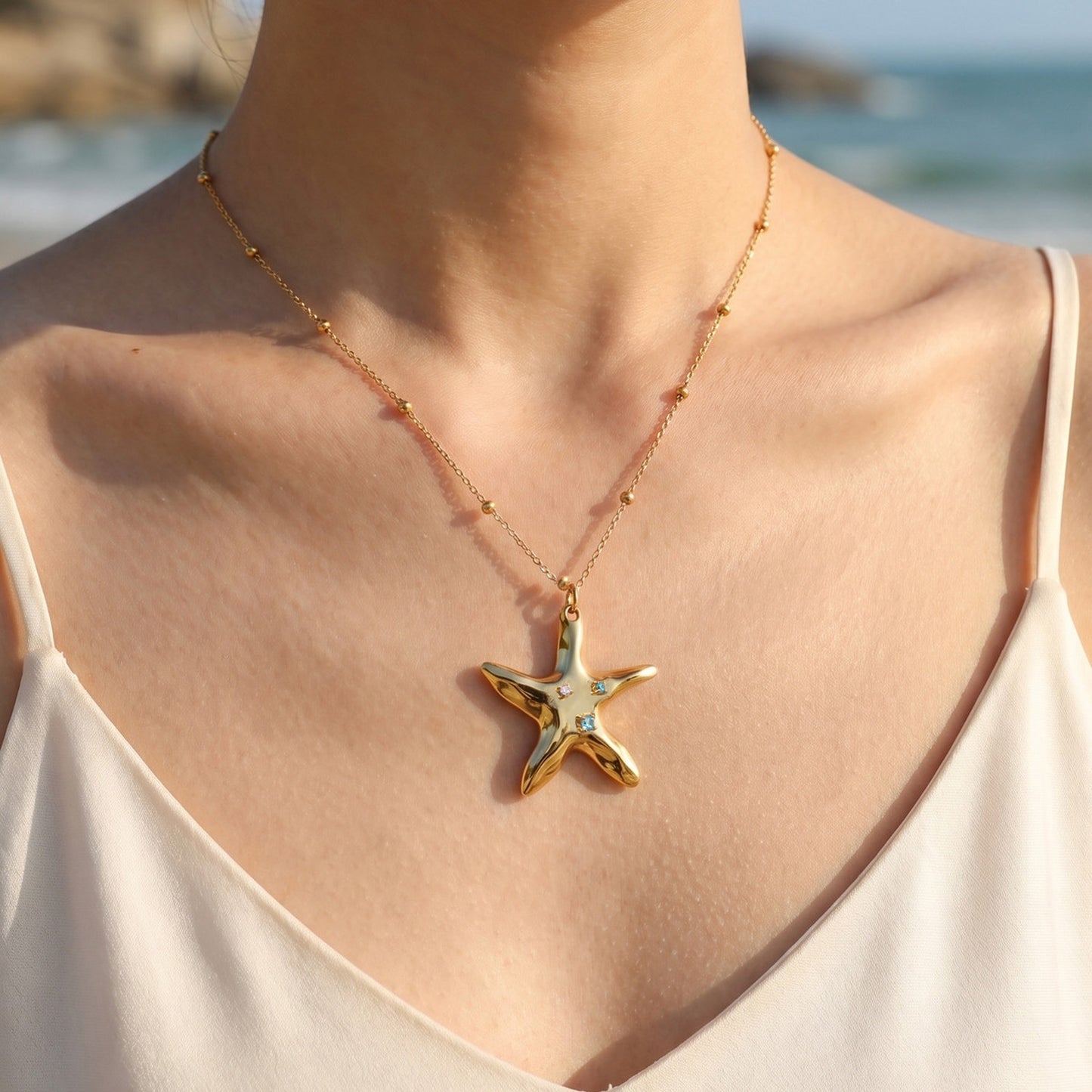 Seaside Vacation Wind Collarbone Chain Stainless Steel Ceramic Starfish Shallow Lake Blue Necklace