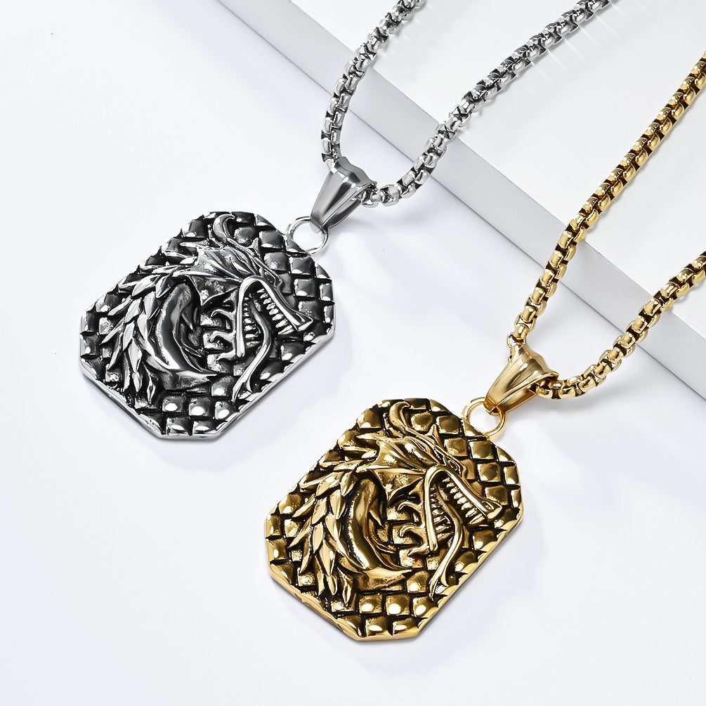 Planderful Stainless Steel Mens Necklace Bold Retro Square Pendant Durable Gift For Him
