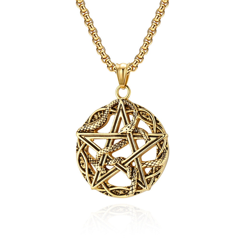 Planderful Pentagram Necklace Titanium Steel With Python Wrapped For Gothic Punk Lovers