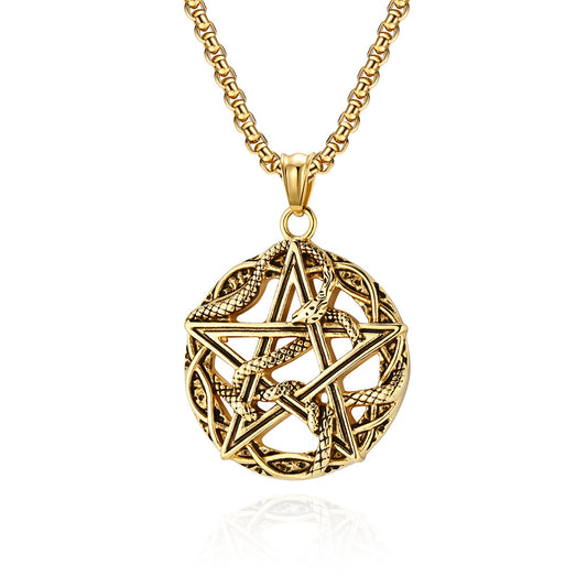 Planderful Pentagram Necklace Titanium Steel With Python Wrapped For Gothic Punk Lovers