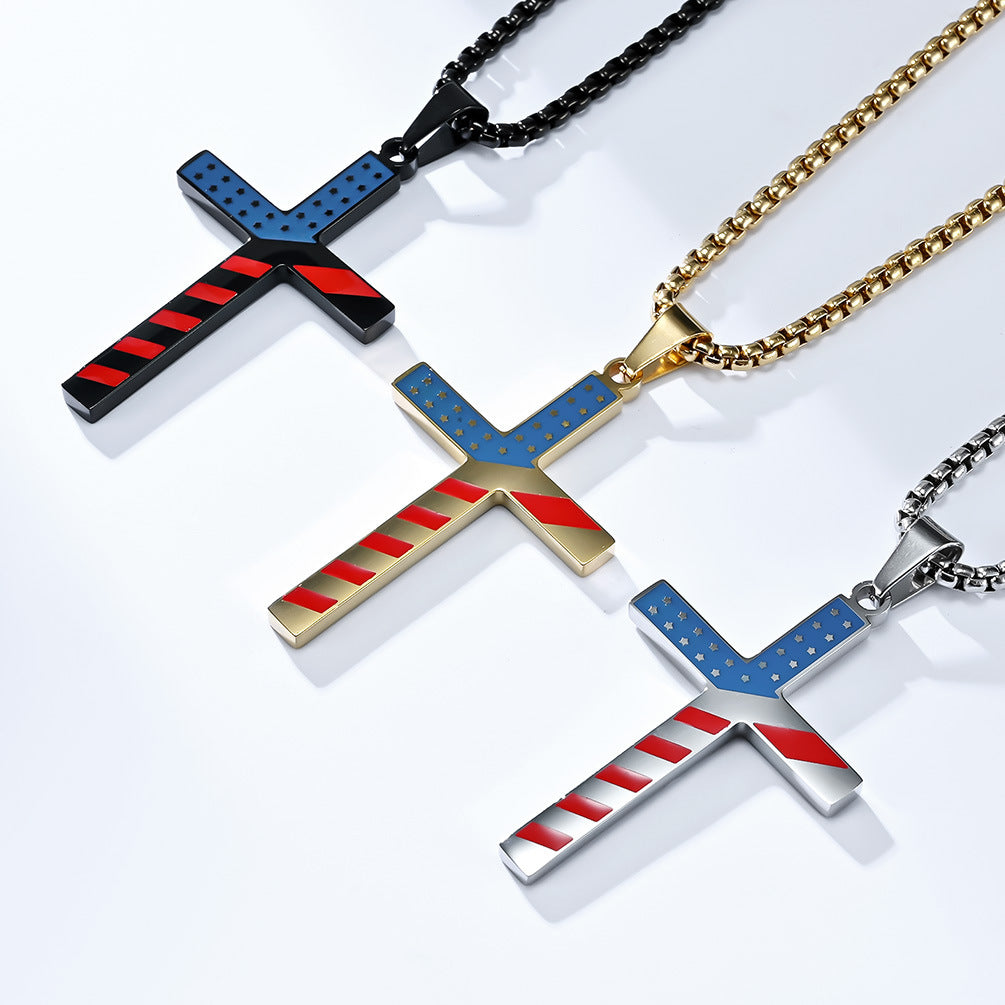 Planderful American Flag Cross Necklace Titanium Steel Unisex Hip Hop Style Premium Daily Wear