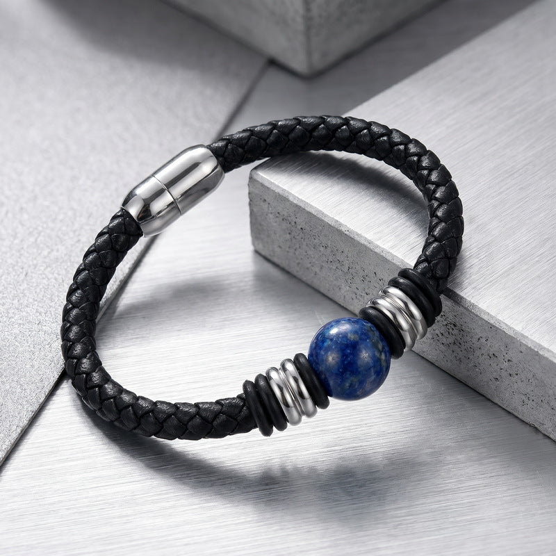 Woven Leather Rope Bracelet Tiger's Eye Stone Lapis Lazuli Magnetic Buckle Stainless