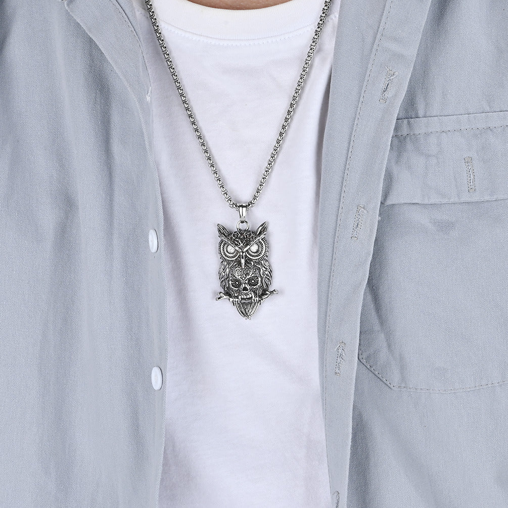 Cross-Border E-Commerce Punk Style Jewelry Titanium Steel Owl Skull Necklace