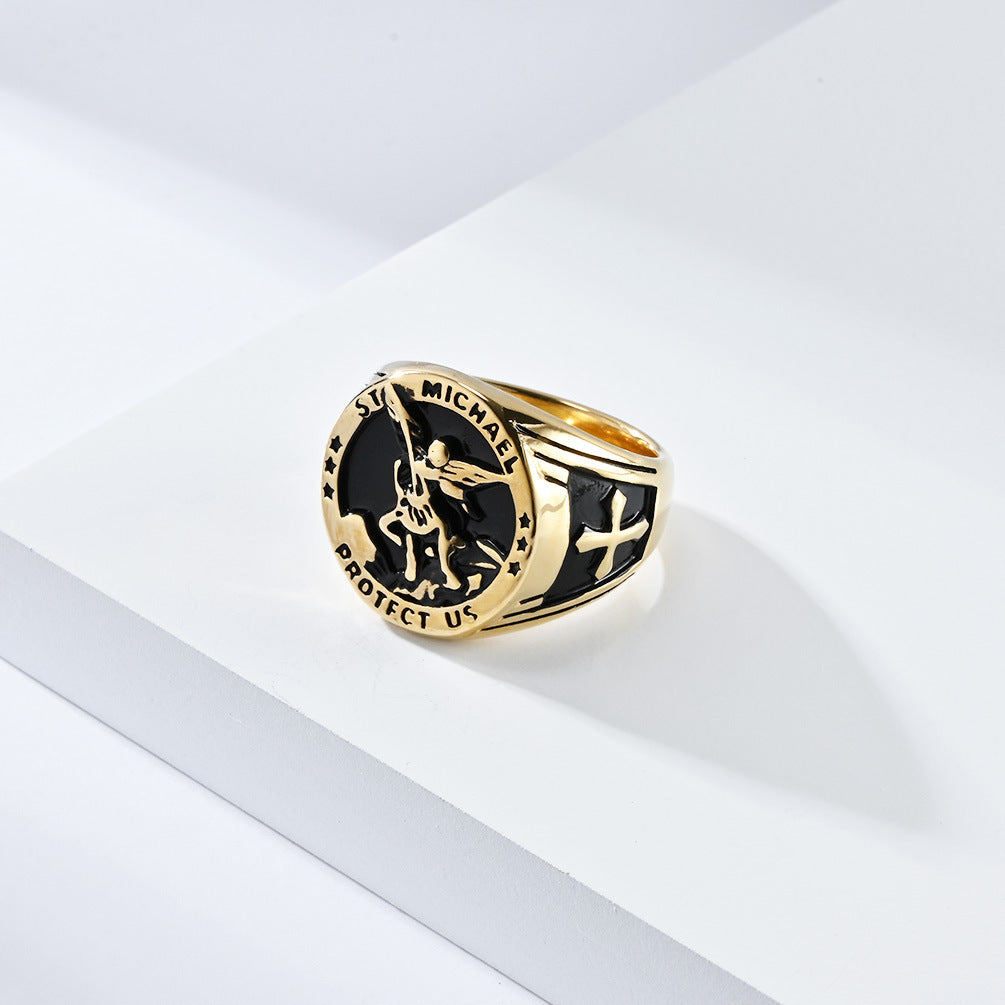 Cross-Border European And American Style Retro St. Michael's Archangel Titanium Steel Ring