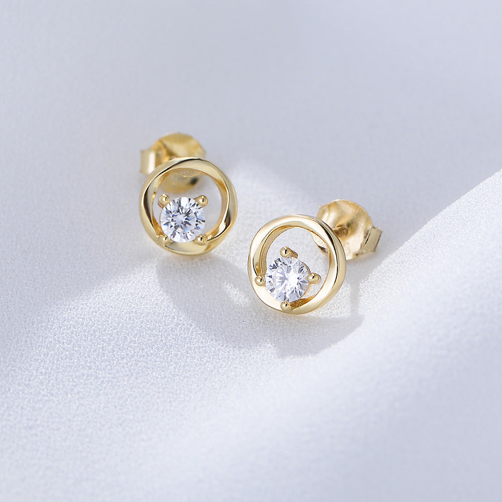 S925 Sterling Silver Geometric Round Hollow Zircon Earrings Femininity High-End Stud Earrings